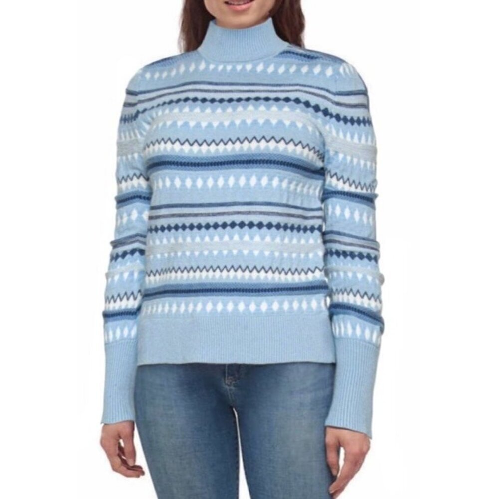 Aspen Woman's Sz L Blue White Fair Isle Mock Neck Sweater Ski Winter Outdoor